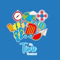 It`s Time to Travel. Vector lettering illustration isons on blue background. Travel concept design for logo.